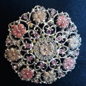 MONET Silver tone Enamel Rhinestone Round Filigree Style Flower Brooch